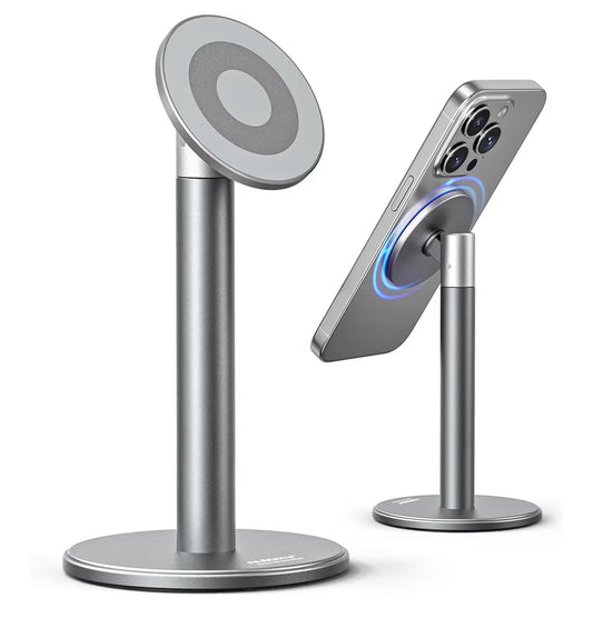 Magnetic Fully Aluminum Phone Stand, 360 Rotating for Desk w/ Metal Ring, Adjustable Holder with MagSafe Case - Gray
