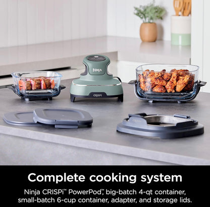 Ninja Crispi Air Fryer, Mikrogolf-, Vrieskas- en Skottelgoedwasser-veilig, Nie-giftige Glas Draagbare Kookstelsel, 4 KWART & 6 Koppies - Groen (FN101SG)