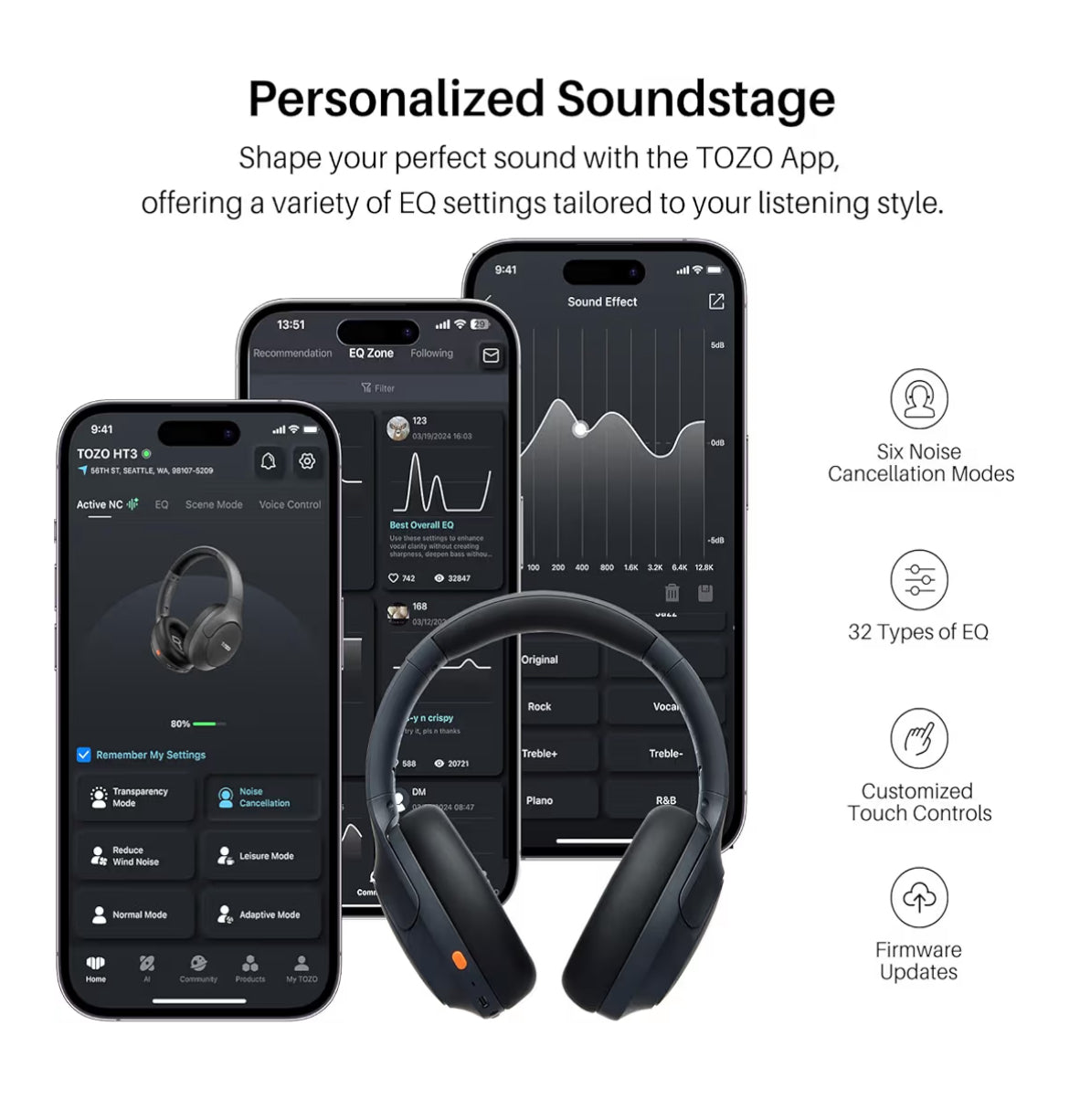 HT3 Hybrid Noise Cancelling Headphones, 90H Battery Life Over Ear Bluetooth 6.0 Foldable Headset, AI Voice Assistant - Titanium Black