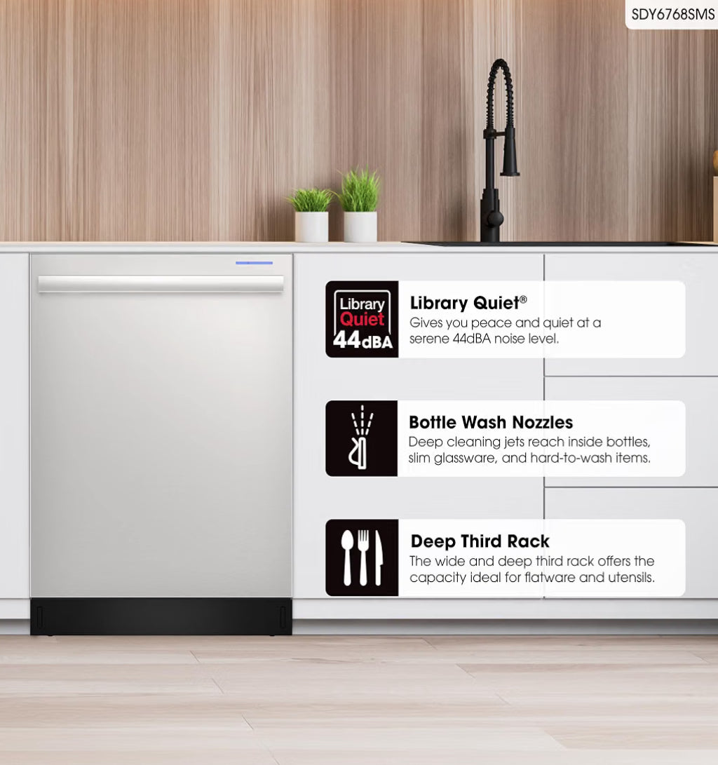 Sharp SDY6768SMS 24 in. Top Control Handle 44 dBA Dishwasher
Top Control, 3rd Rack, 16 Place Settings, 44 dBA Quiet Operation