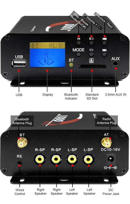 Motorcycle Speakers Bluetooth 4 Inch Waterproof Radio Audio System
1000W Amplifier, Remote Control, AUX USB SD FM Radio, Fits 7/8"–1-1/4" bar for ATVs/Motorcycles, 12 Volt Vehicles