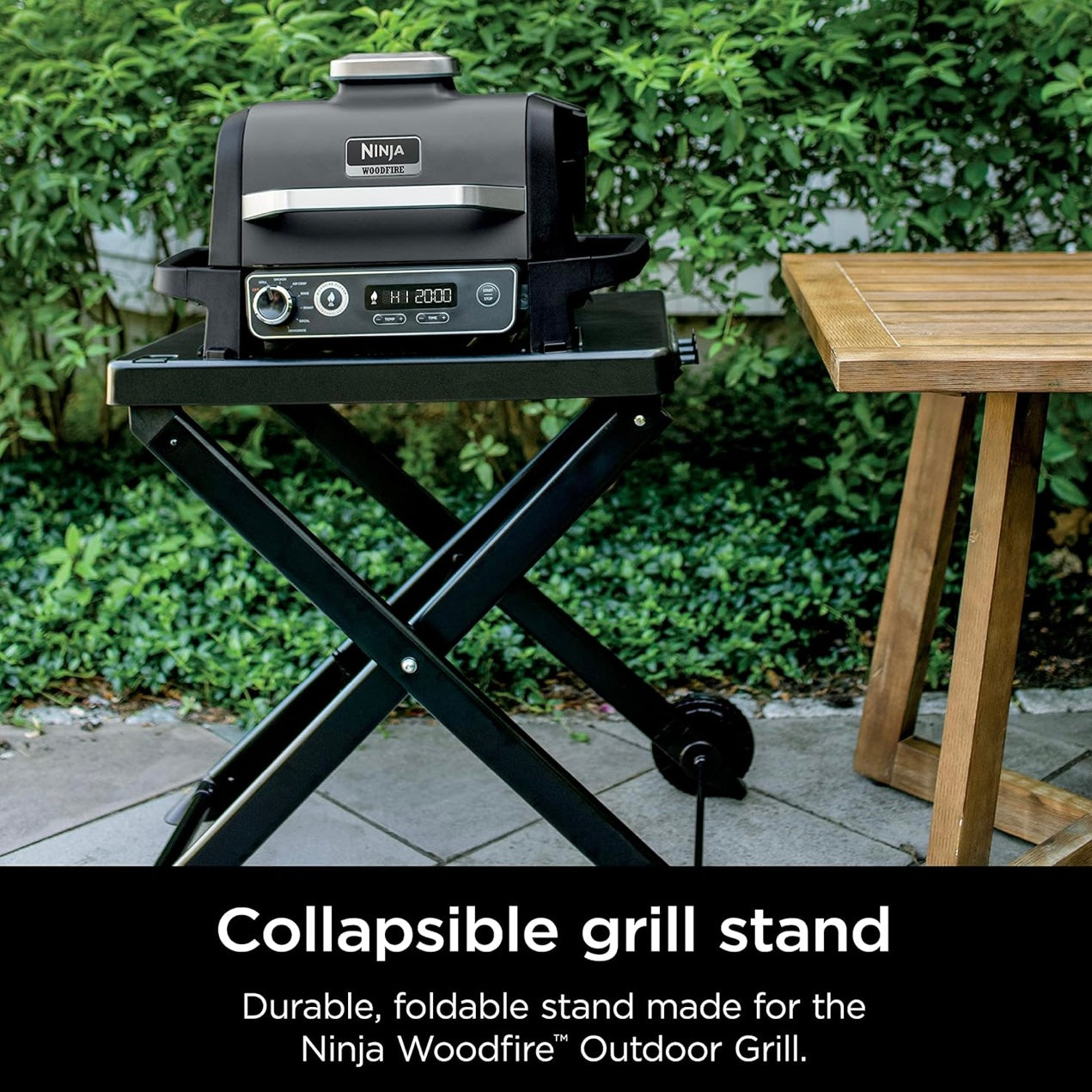 Ninja STAND Houtvuur Opvoubare Buitelugbraaistaander, Versoenbaar met Ninja Houtvuurbraaiers (OG700-reeks), Opvoubaar, Sygereedskaphouer, Weerbestand, Swart