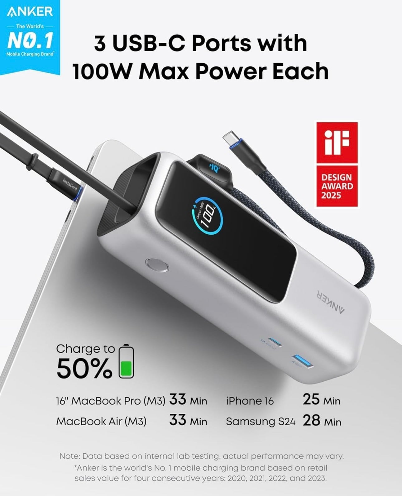ANKER Laptop Power Bank, 25,000mAh Portable Charger with Triple 100W USB-C Ports - NEW