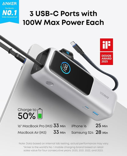 ANKER Skootrekenaar Kragbank, 25 000 mAh Draagbare Laaier met Drievoudige 100W USB-C Poorte - NUUT