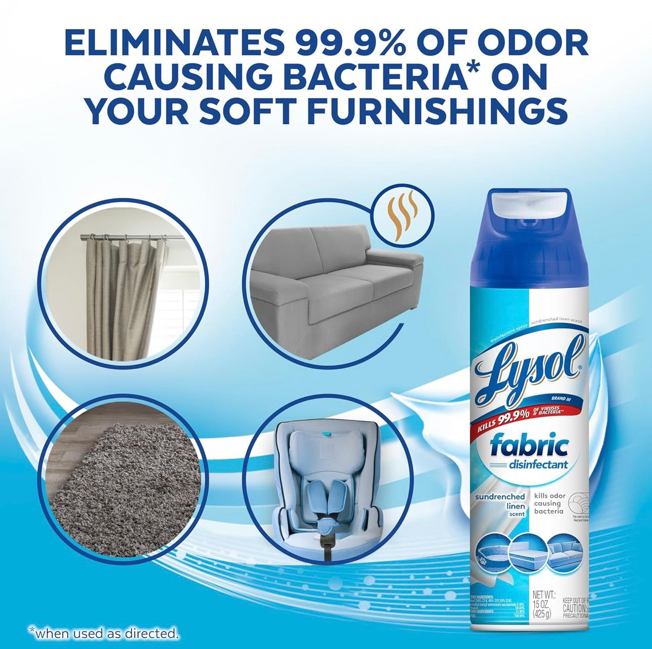 Lysol Fabric Disinfectant Spray, Sanitasie- en Antibakteriese Spuitmiddel, Vir die Ontsmetting en Ontgeuring van Sagte Meubels, Sundrenched Linen 15 FL. Oz