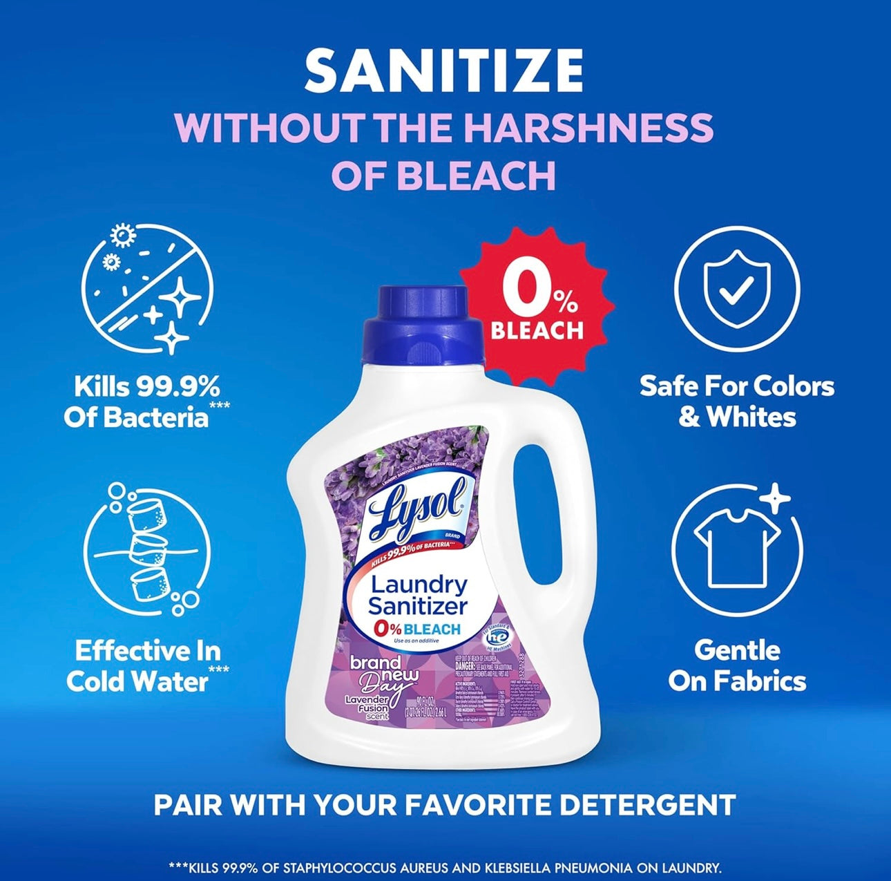 Lysol Ontsmettende Wasgoedontsmettingsmiddel en Geurversterker, Wasgoedwasmiddel-byvoegmiddel, Kleurveilige Bleikmiddelalternatief, Wasgoedreukverwyderaar, Dood Bakterieë en Virusse, Laventelgeur, 2.6L