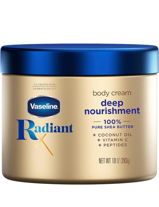 Vaseline Radiant X Diepvoedende Liggaamsroom 100% Suiwer Sheabotter, Klapperolie, Vitamien C, & Peptiede 295 ml