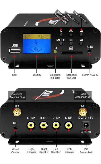 Motorcycle Speakers Bluetooth 4 Inch Waterproof Radio Audio System
1000W Amplifier, Remote Control, AUX USB SD FM Radio, Fits 7/8"–1-1/4" bar for ATVs/Motorcycles, 12 Volt Vehicles