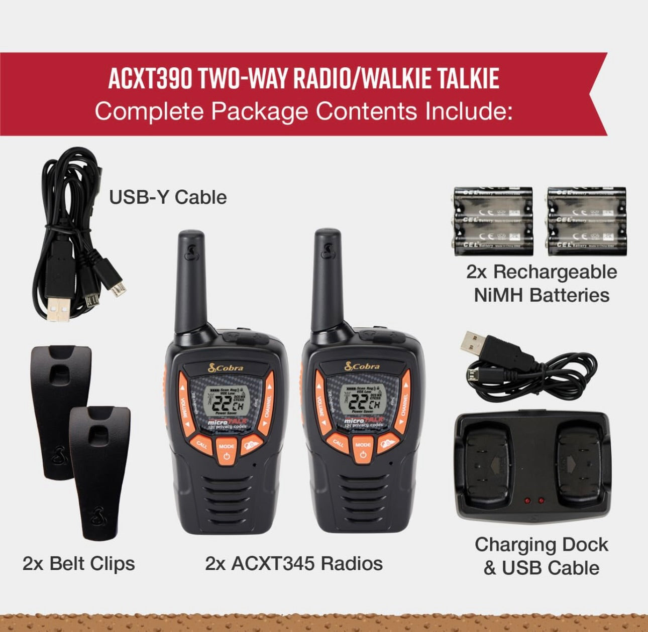 Cobra ACXT390 Walkie Talkies - Herlaaibaar, Liggewig, 22 Kanale, 40 km-bereik Tweerigtingradio's met VOX (2-pak)