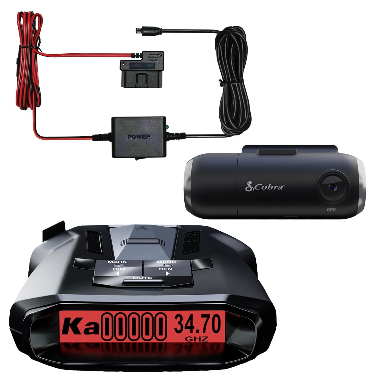 Cobra RAD 700i Radarverklikker & SC 201 Slim Streepkamera + 2.5A OBD-poort na Mikro-USB Vol HD 1080P Video + 16GB SD-kaart, Ingeboude WiFi & GPS
