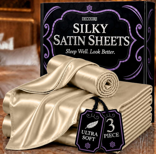 Satin Bed Sheets - 3 PCS Luxury Silky Twin Size Bedding Set - Softer Than Silk, Wrinkle-Free with 15” Deep Pocket Fitted Sheet - (Ivory)