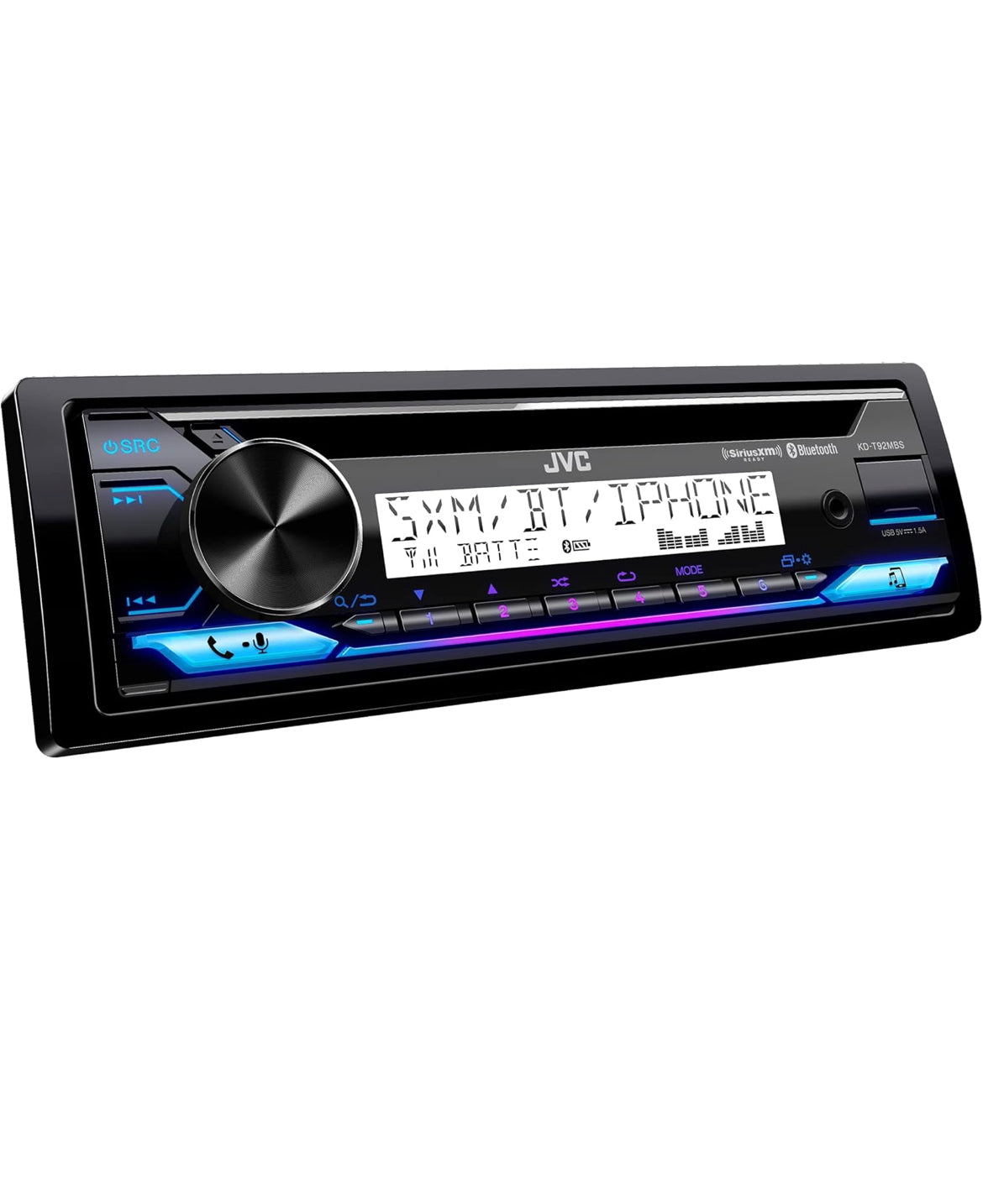 JVC KD-T92MBS Mariene-graad Motorstereo met Bluetooth, Voor-USB, AUX, Amazon Alexa, SirusXM Radio Gereed, Hoëkrag-versterker, Hoëkontras-skerm