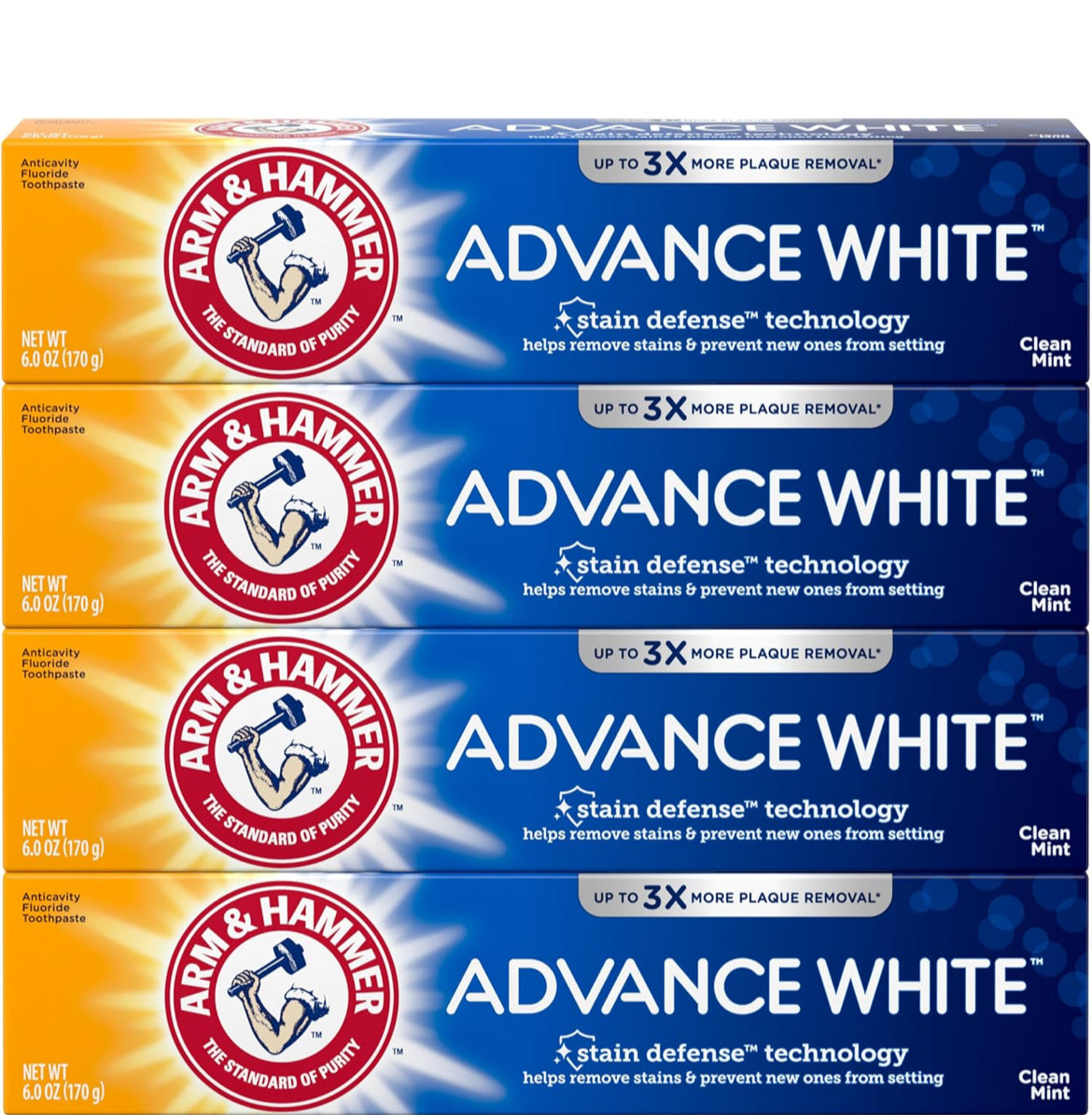 ARM & HAMMER Advance White Toothpaste Stain Defense, Fluoride - Clean Mint Flavor, 6.0 Oz (Pack of 4)