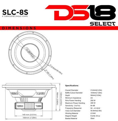DS18 SLC-8S Subwoofer in Swart - 8-Duim Luidspreker, 400W Maksimum Krag 4 Laag Stemspoel, 4 Ohm Impedansie (1 Stuk)