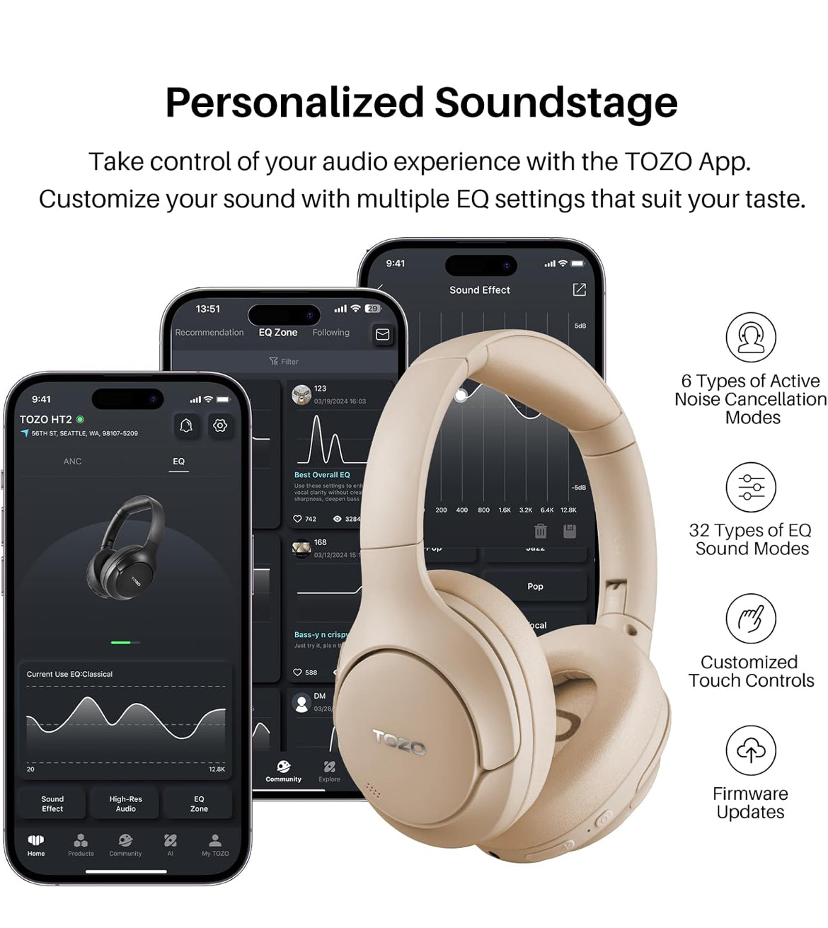 HT2 Hybrid Active Noise Cancelling Headphones, Wireless Over Ear Bluetooth Headset, 60H Playtime - Khaki