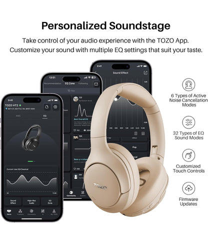 HT2 Hybrid Active Noise Cancelling Headphones, Wireless Over Ear Bluetooth Headset, 60H Playtime - Khaki