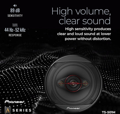 Pioneer TS-501M 4-rigting koaksiale motoroudio-luidsprekers (paar) - 5-1/4" rond, 300 W maksimum krag, swart en rooi