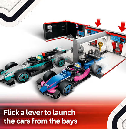 LEGO City F1 Motorhuis & Mercedes-AMG & Alpine Motorspeelgoed - Modelrenmotorbouwspeelgoed en Draagbare Speelstel F1-Versamelstuk - 60444