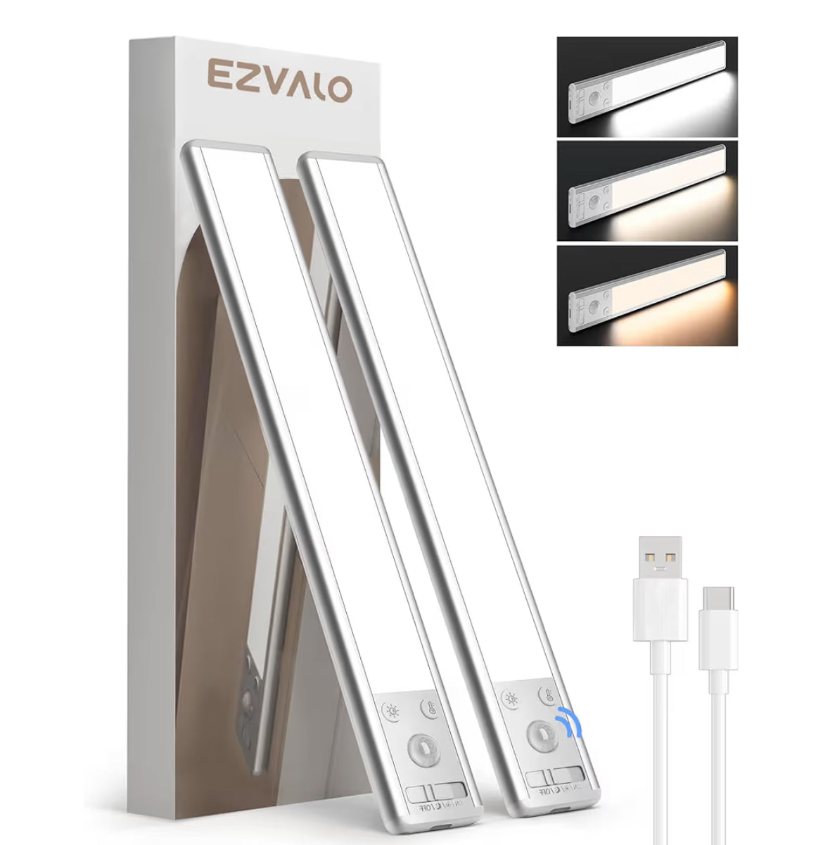 10" Under Cabinet Lighting, 2500mAh Rechargeable Motion Sensor Lights w/ 3 Color Temps 80 LED Dimmable - (2PK)