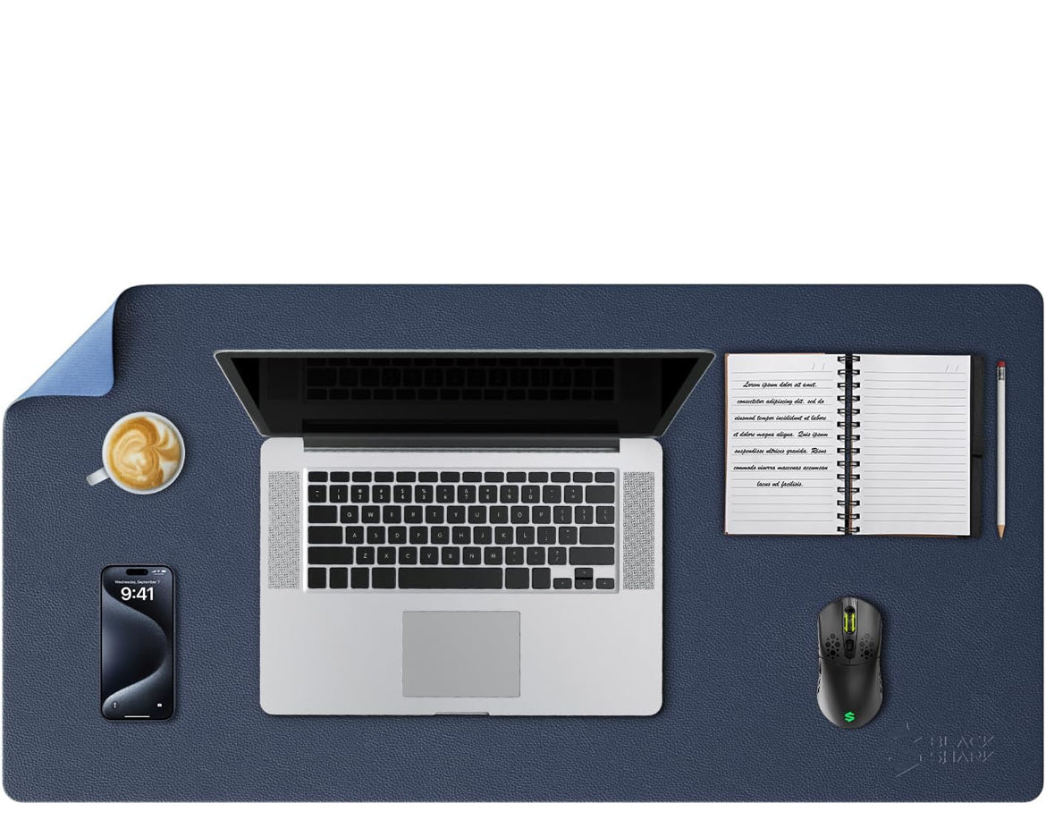 Black Shark Non-Slip Leather Desk Pad, Keyboard Gaming Mouse Mat (31.4" x 15.7" x 0.12"), Large Desk Cover, Waterproof Writing Pad, Suitable for Office, Home - Manta P9 Dark Blue