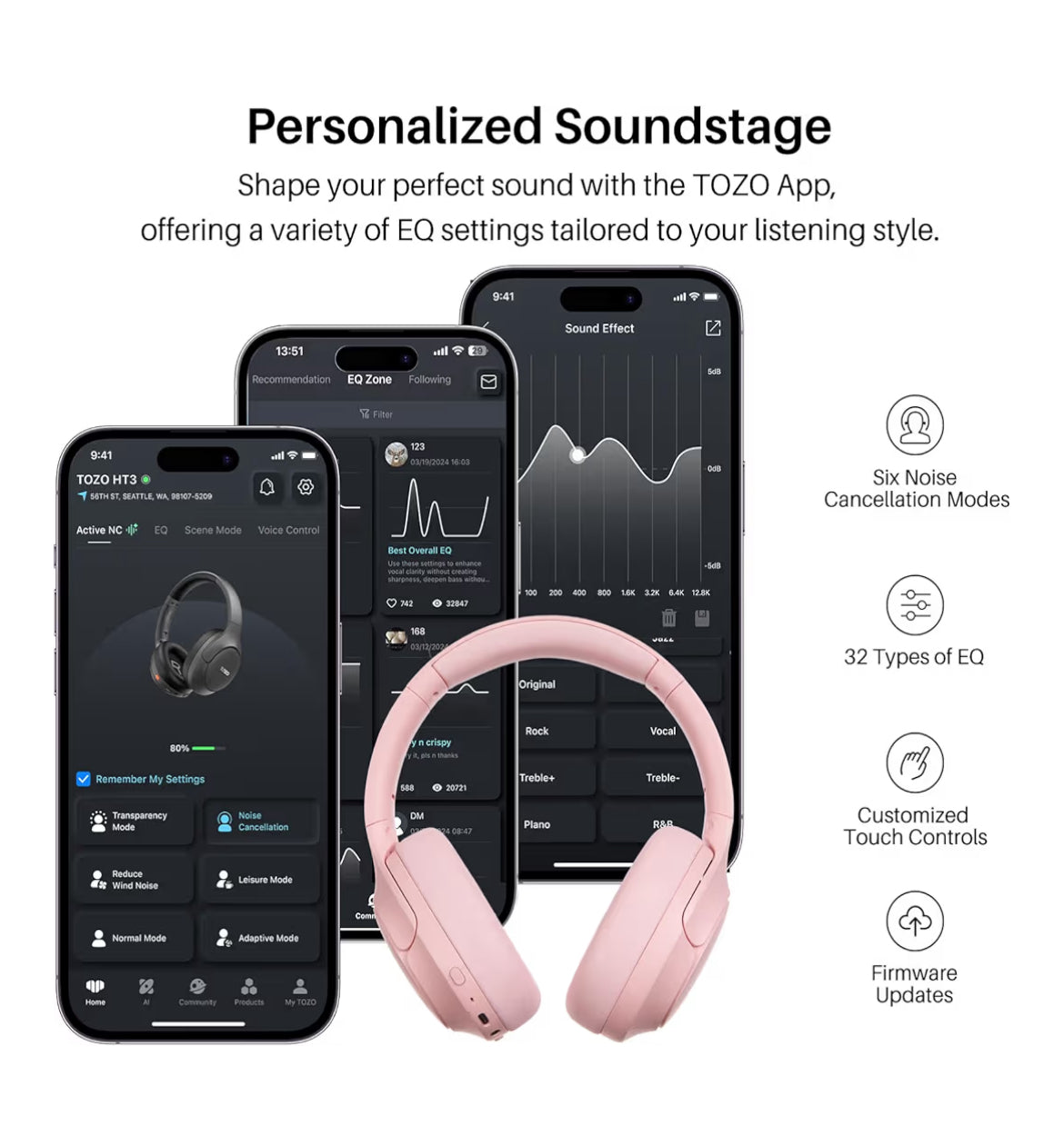 HT3 Hybrid Noise Cancelling Headphones, 90H Battery Life Over Ear Bluetooth 6.0 Foldable Headset, AI Voice Assistant - Pink