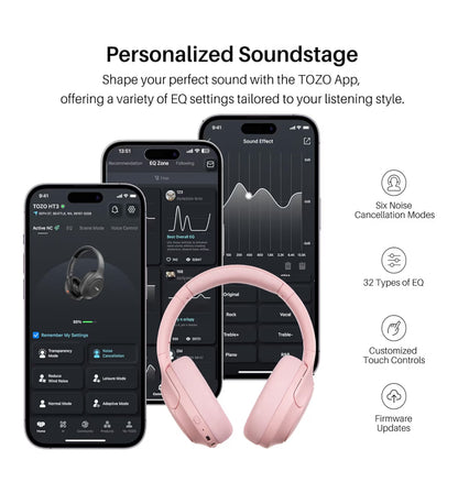 HT3 Hybrid Noise Cancelling Headphones, 90H Battery Life Over Ear Bluetooth 6.0 Foldable Headset, AI Voice Assistant - Pink