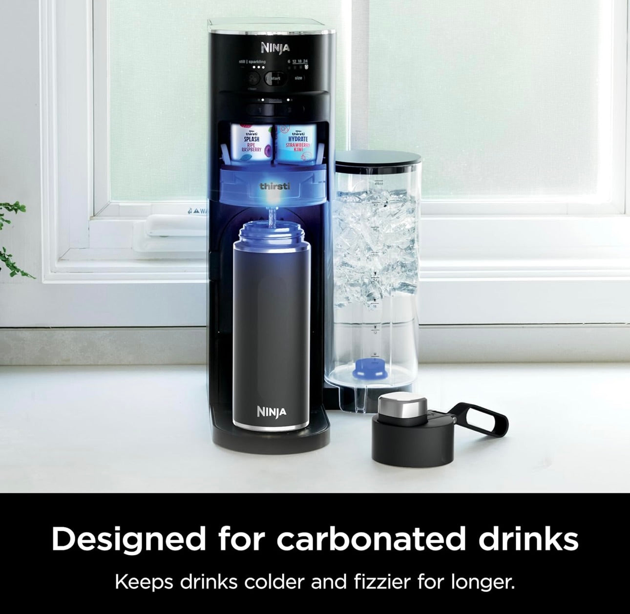 Ninja DW2401BK Thirsti 24oz Reiswaterbottel, Lekvry, 24 Uur Koud, Skottelgoedwasser Veilig, Dubbelwandige Vlekvrye Staal Geïsoleerde Tuimelaar - Oniks Swart