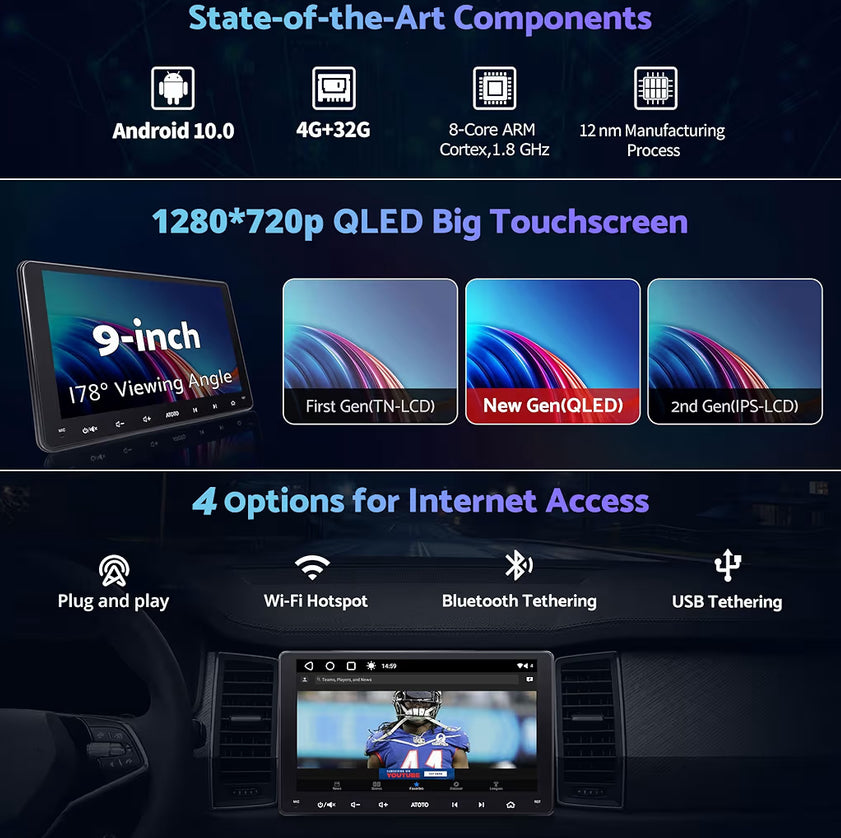 9" Dubbel-Din Kar Stereo Draadloos CarPlay & Android Auto QLED Raakskerm, Dubbele Bluetooth, GPS Nasporing