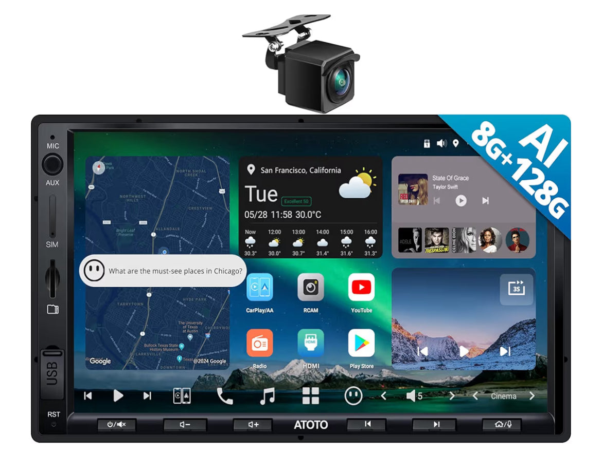 7" Dubbel-din Android-motorstereo in-dash navigasie, 4G LTE, draadlose CarPlay en Android Auto, 7.1.2-kanaal klank, dubbele Bluetooth, HDMI-invoer