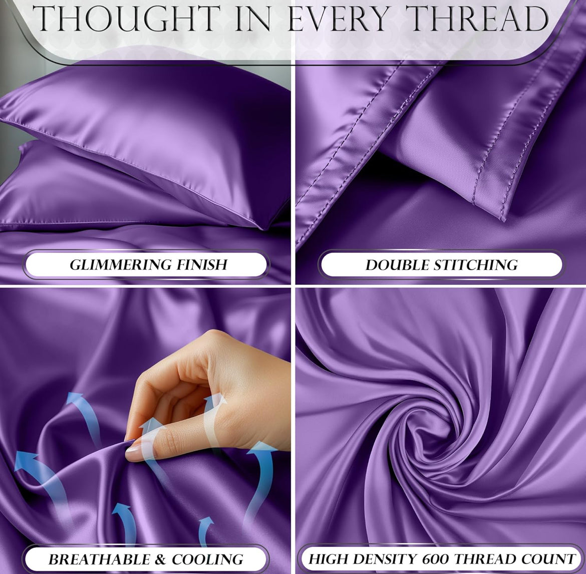 DECOLURE Satin Bed Sheets - 4 Piece Luxury Silky Queen Size Bedding Set - Softer Than Silk, Wrinkle-Free with 15” Deep Pocket Fitted Sheet, Perfect for Hair & Skin, Gifts for Women (Purple)