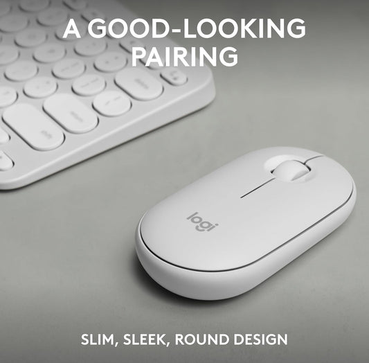 Logitech Pebble 2 Combo, Draadlose Sleutelbord en Muis, Stil en Draagbaar, Aanpasbaar, Logi Bolt, Bluetooth, Maklik-Skakel vir Windows, macOS, iPadOS, Chrome - Tonale Wit