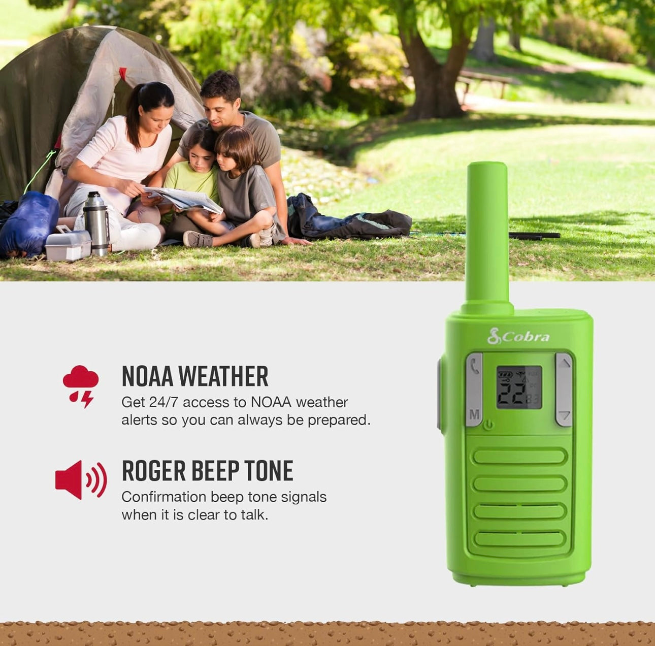 Cobra RX100 Gesins-Walkie-Talkies (4-Pak) met 16 Myl Reikafstand - 16 Myl Lang Reikafstand, Kindervriendelike Kommunikasie, 22 Kanale, NOAA Weerwaarskuwings, Oproepwaarskuwings