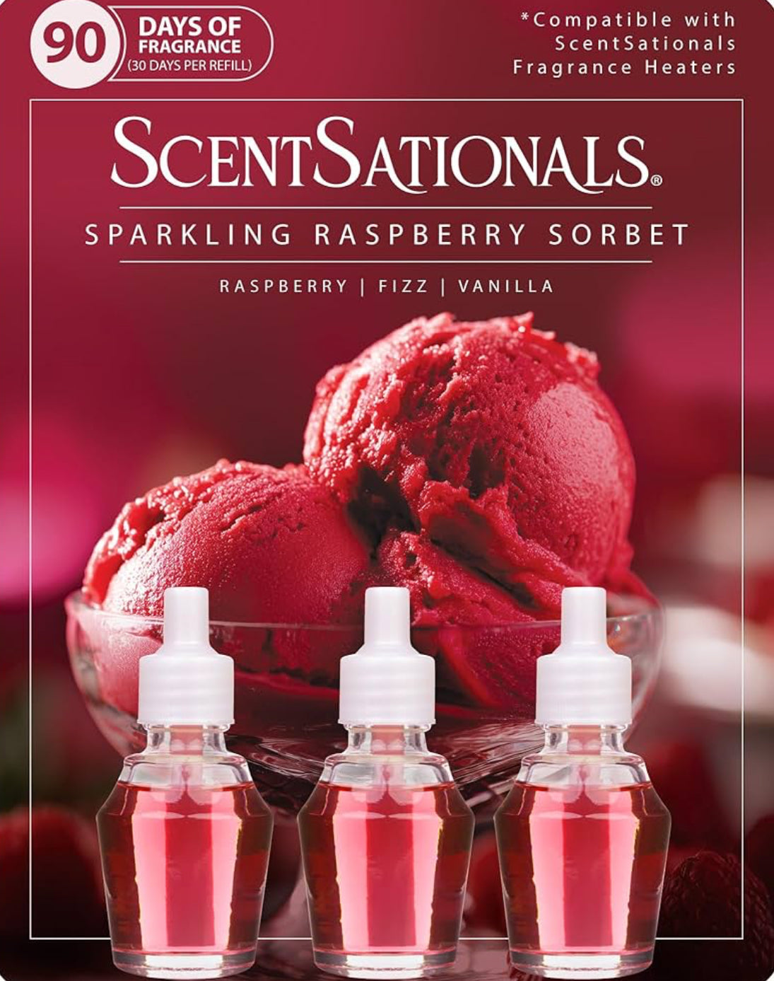 ScentSationals Sparkling Raspberry Sorbet Fragrance Oil Plug In Air Freshener Refills 3-Pack - Works w/ Scentsationals Wall Plugs - Packaging May Vary