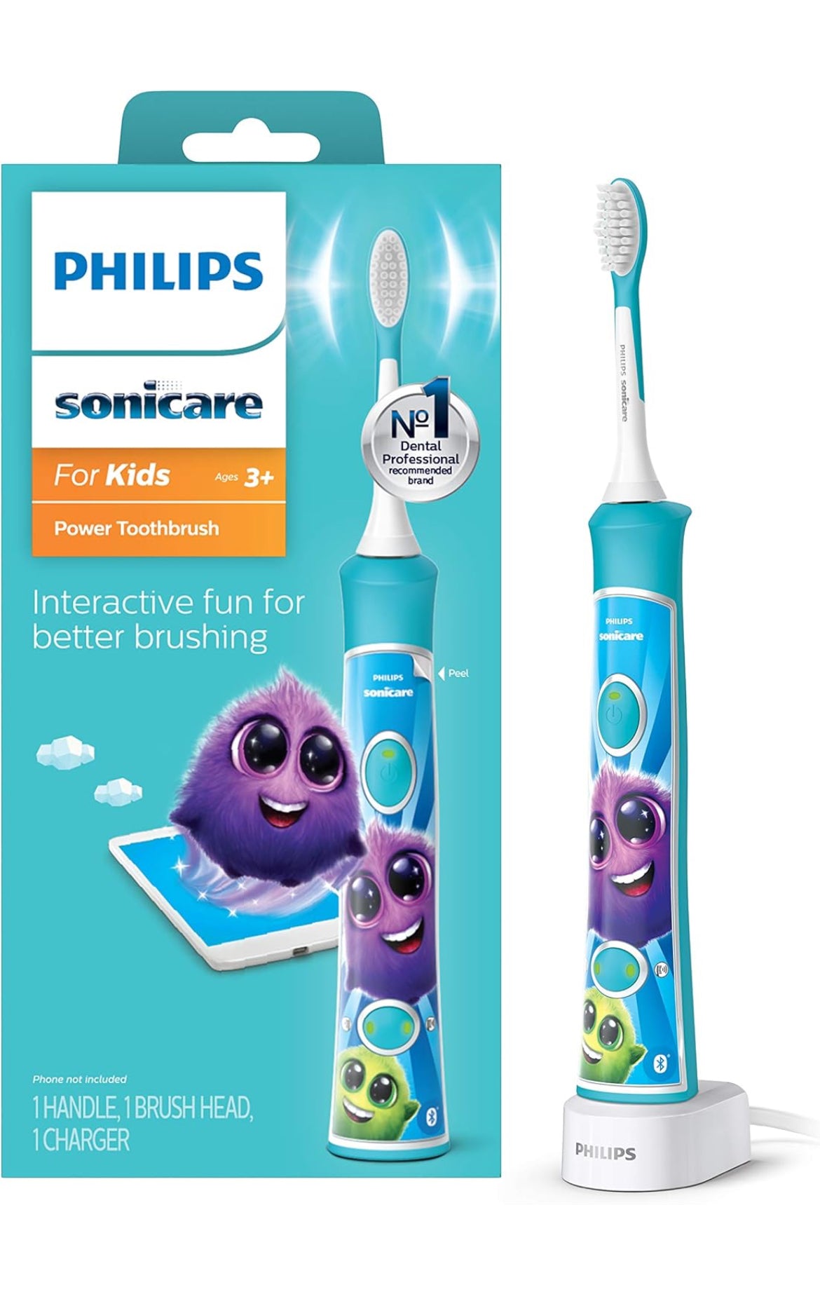 Philips Sonicare for Kids 3+ Bluetooth-gekoppelde Herlaaibare Elektriese Kragtandeborsel, Interaktief vir Beter Borsel, Turkoois, HX6321/02
