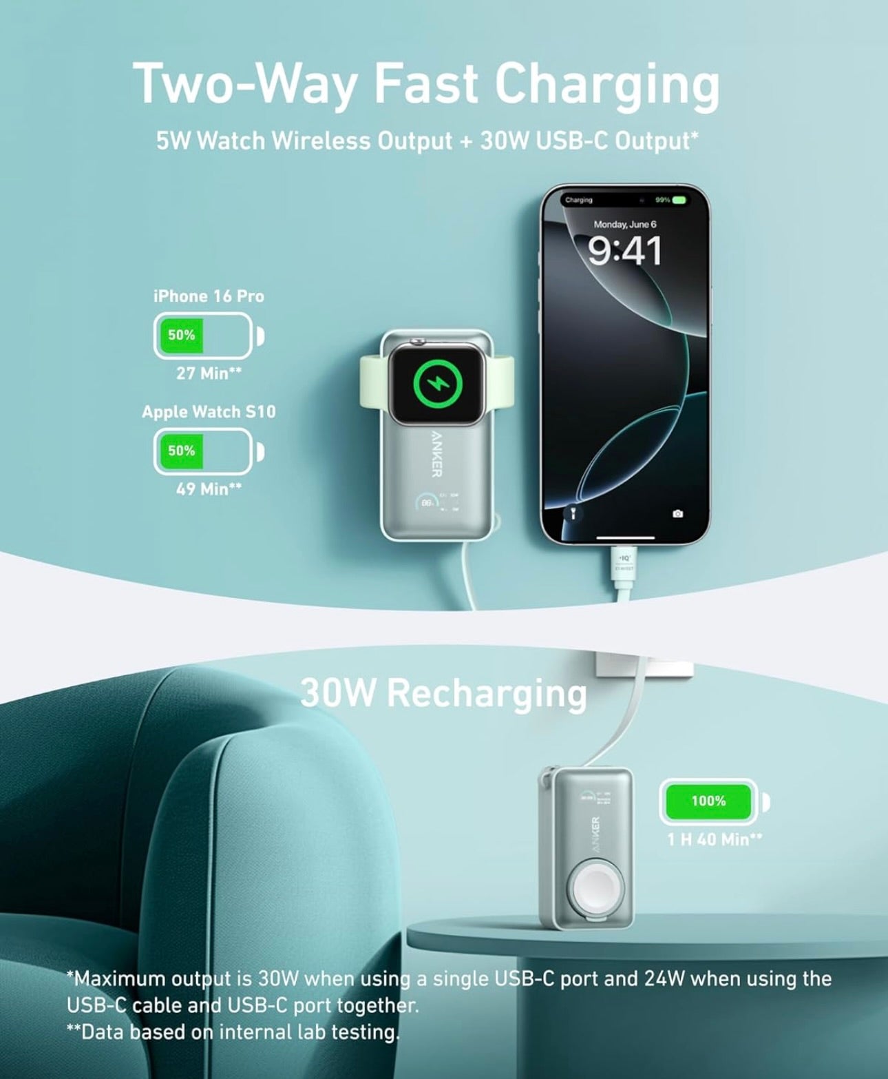 Anker MagGo Power Bank for Apple Watch, Officially Certified, 10,000 mAh Compact Battery - Green