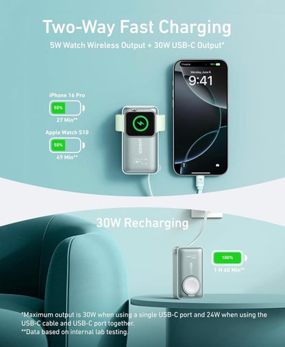 Anker MagGo Kragbank vir Apple Watch, Amptelik Gesertifiseer, 10 000 mAh Kompakte Battery - Groen