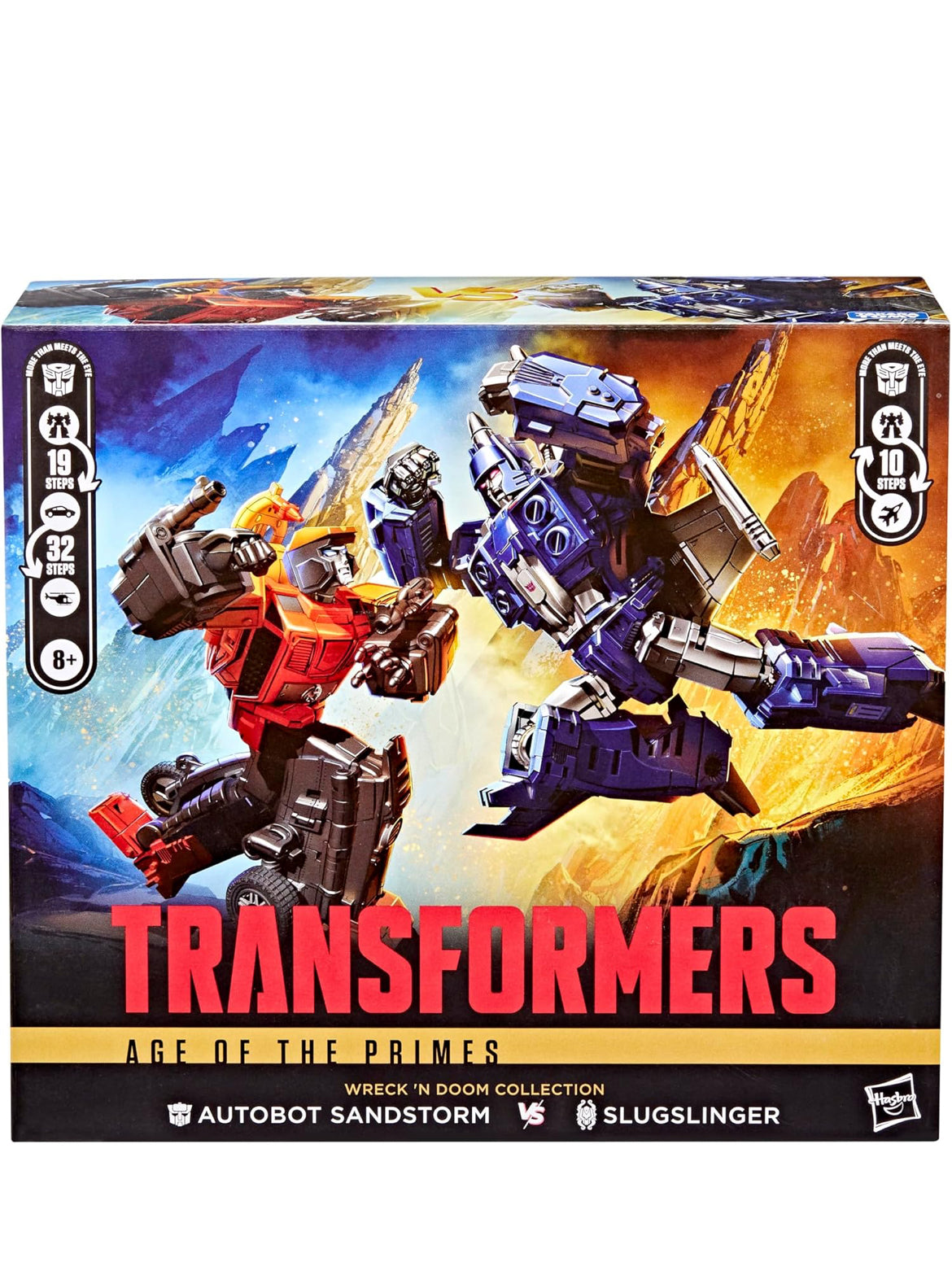 TRANSFORMERS Age of The Primes Wreck 'n Doom Collection 2-Pack, 7.5-Inch Autobot Sandstorm and 5.5-Inch Slugslinger Action Figures, Robot Toys, 8+