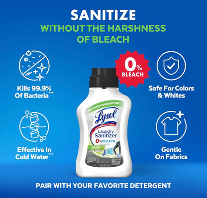 Lysol Sport Wasgoedontsmetter Byvoeging, Ontsmettingsvloeistof vir Gimklere en Aktiewe drag, 0% Bleikmiddel, Elimineer Reukveroorsakende Bakterieë, 41oz
