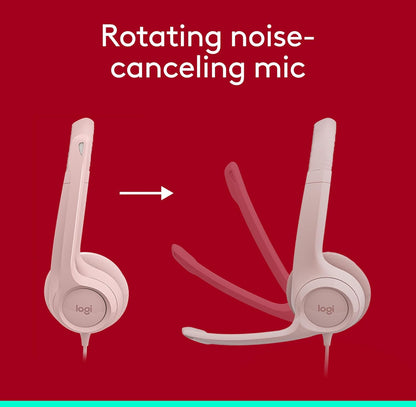Logitech H390-speletjieshoofoorfone, bedrade hoofoorfone met mikrofoon, USB-kopstuk met mikrofoon vir rekenaar, ruisonderdrukkende mikrofoon vir videovergaderings, musiek, speletjies – Roos