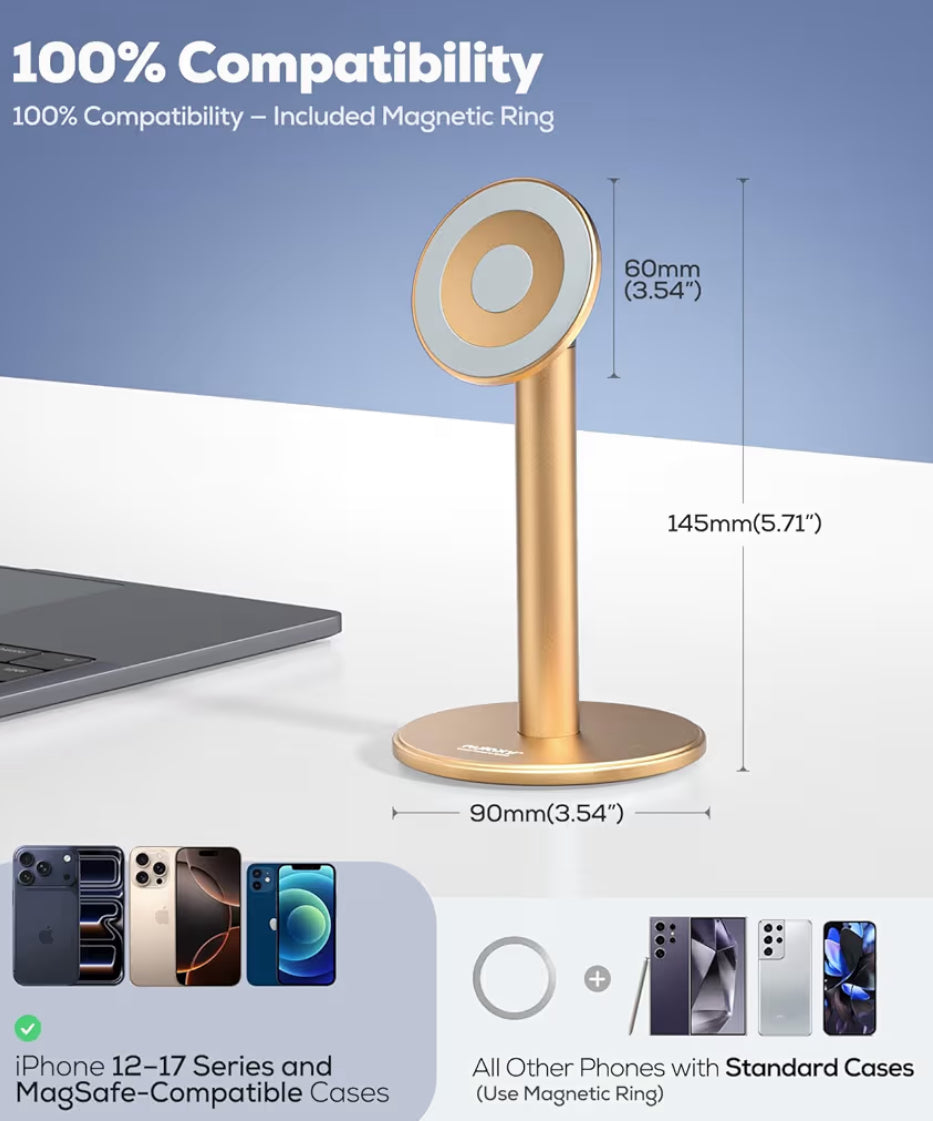 Magnetiese Telefoonstaander Volledig Aluminium, 360° Draaibaar vir Lessenaar met Metaalring, Verstelbare Houer met MagSafe-tas - Goud