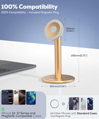 Magnetiese Telefoonstaander Volledig Aluminium, 360° Draaibaar vir Lessenaar met Metaalring, Verstelbare Houer met MagSafe-tas - Goud