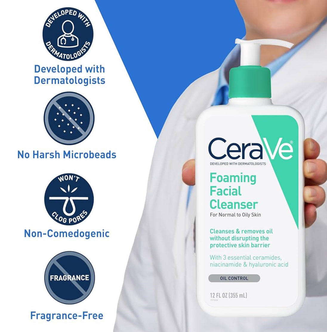CeraVe Skuimende Gesigsreiniger, Daaglikse Gesigswas vir Olierige Vel, Hialuronzuur + Smeremiddels + Niasinamied, Geurvry en Parabenvry (19 oz)