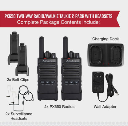 Cobra PX652 Professionele Walkie Talkies - Herlaaibaar, 22 Kanale, 300,000 vt.²/25 Vloer Bereik, Stofbeskerm en Spatwaterdig (IP54 Gradering), Oorfone en Laaiers Ingesluit (2-Pak)