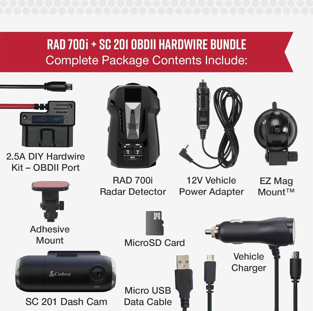 Cobra RAD 700i Radarverklikker & SC 201 Slim Streepkamera + 2.5A OBD-poort na Mikro-USB Vol HD 1080P Video + 16GB SD-kaart, Ingeboude WiFi & GPS