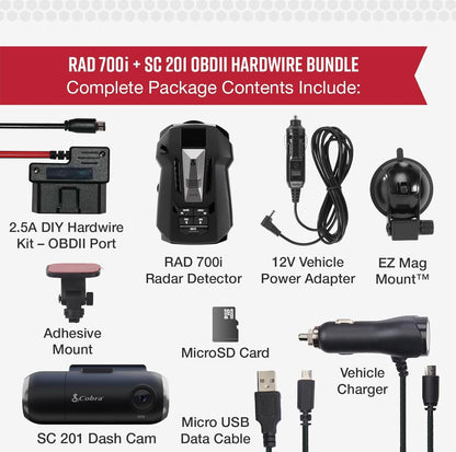 Cobra RAD 700i Radarverklikker & SC 201 Slim Streepkamera + 2.5A OBD-poort na Mikro-USB Vol HD 1080P Video + 16GB SD-kaart, Ingeboude WiFi & GPS