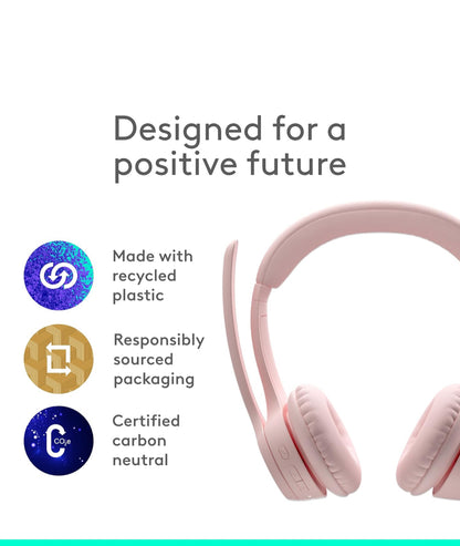 Logitech Zone 300 draadlose Bluetooth-koptelefoon met geraasdempende mikrofoon, versoenbaar met Windows, Mac, Chrome, Linux, iOS, iPadOS, Android – Rose