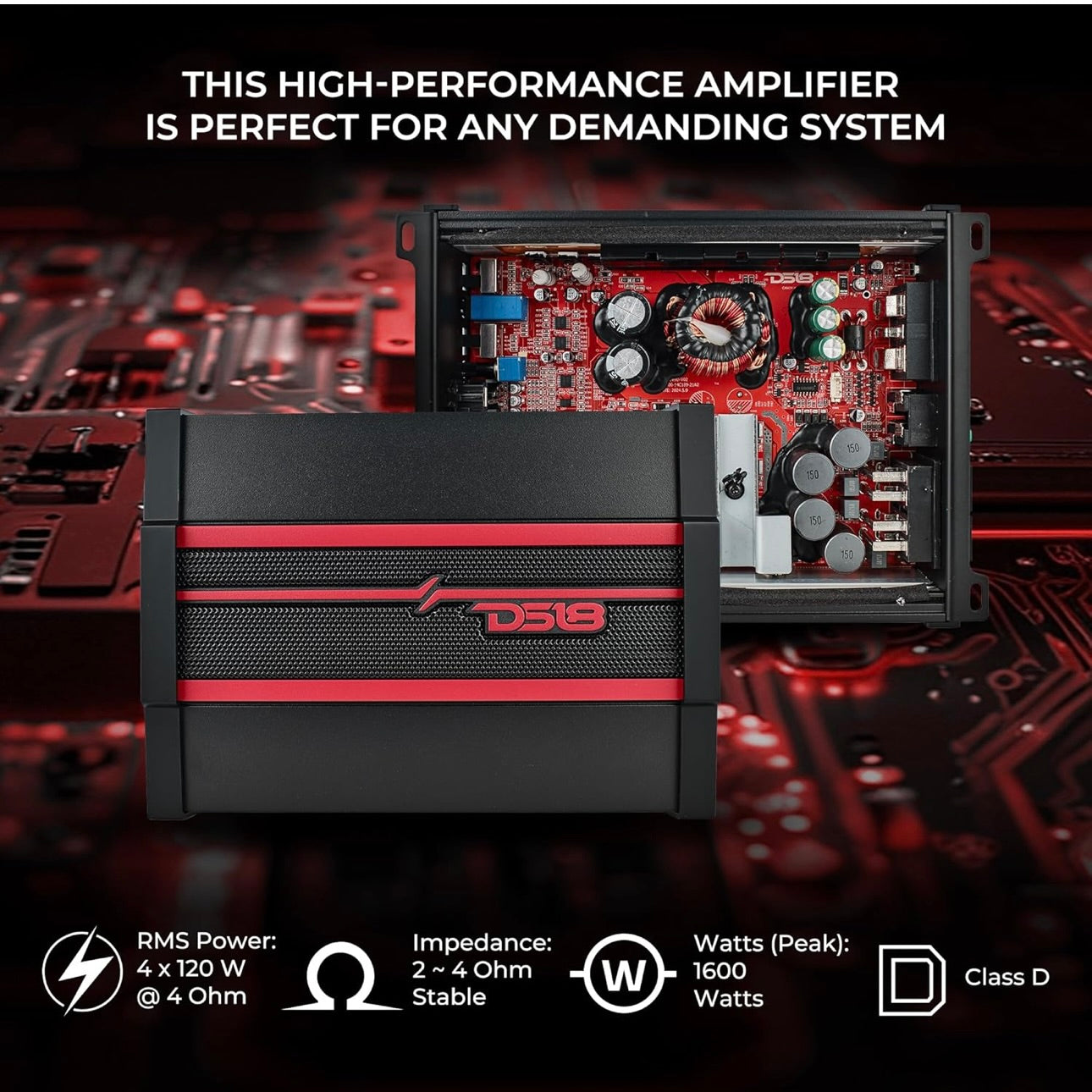 DS18 CANDY-X4B Car Amplifier 4-Channel Class D, 1600W Peak Power  Compact Size - New
