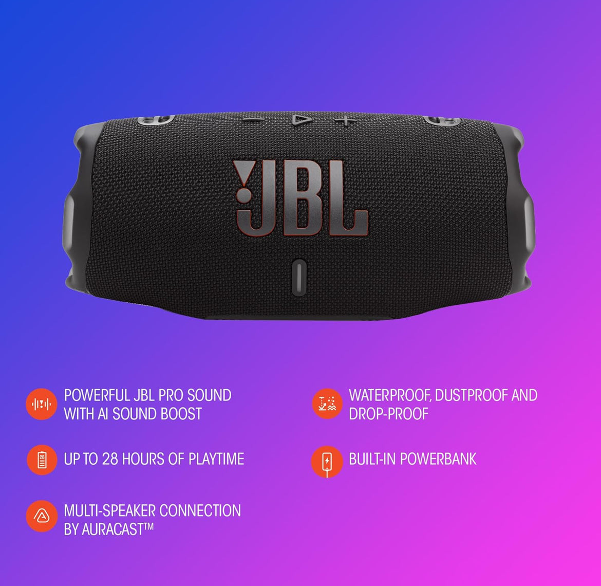 JBL Charge 6 - Portable Waterproof & Drop-Proof Bluetooth Speaker with a Sturdy/Removable Carrying Strap (Black)