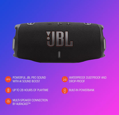 JBL Charge 6 - Draagbare Waterdigte & Valvaste Bluetooth-luidspreker met 'n Stewige/Verwyderbare Draagband (Swart)