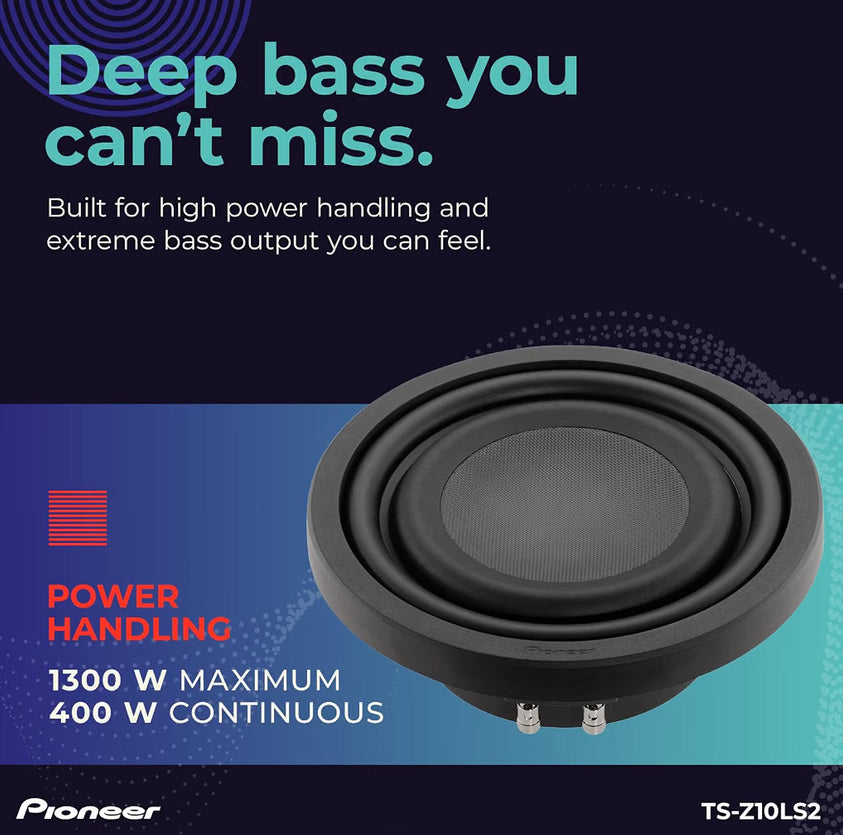 Pioneer Z-Series TS-Z10LS2 Shallow-Mount 10" Subwoofer 1300W Max
Shallow-Mount Design, Deep Bass in Tight Spaces, Compact, Slim, Truck/Car Subwoofer